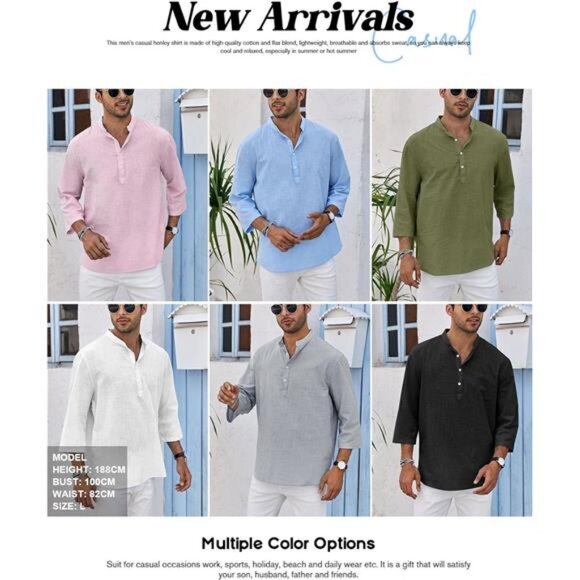 Mens Linen Shirts Casual Cotton 3/4 Sleeve Regular-Fit Henley - Picture 4 of 6